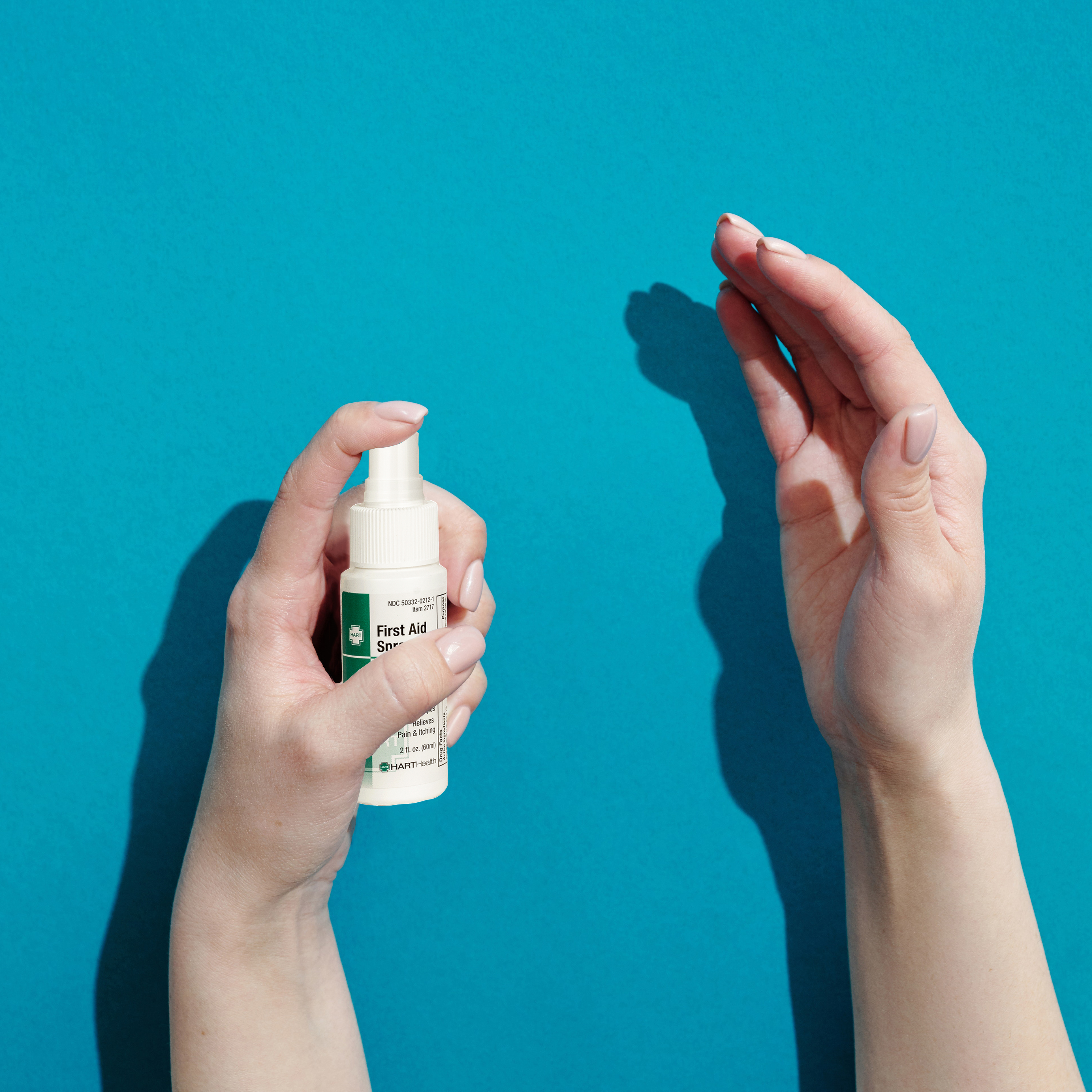 First Aid Spray HART's pump First Aid Spray helps protect against skin infection and for the temporary relief of pain and itching in minor cuts and scrapes, bites, and skin irritations.  Antiseptic, anesthetic Benzalkonium chloride 0.1%, Benzocaine 5.0% 2-ounce pump spray